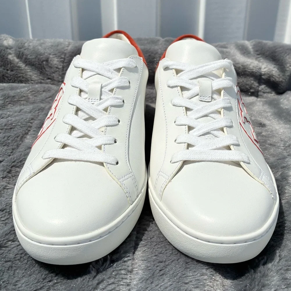 TORY BURCH NEW T-Logo Sneaker Leather Suede Trim Snow White/Canyon Orange SZ 9